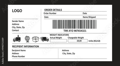 Shipping label template includes sender and recipient sections alongside a prominent horizontal tracking barcode area.