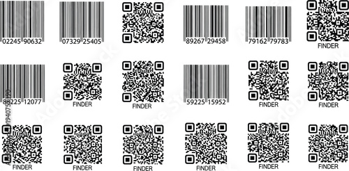 Multiple arrangements of QR codes and standard UPC barcodes fill the white background space completely for commercial use.