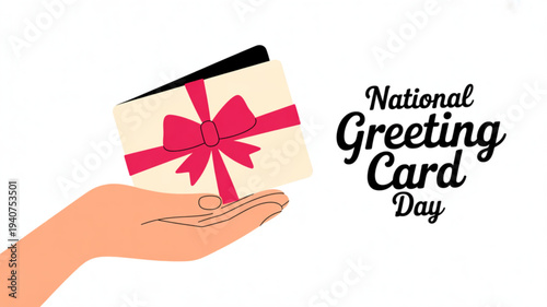Hand holding gift card with red bow on national greeting card day symbolizing appreciation and friendship