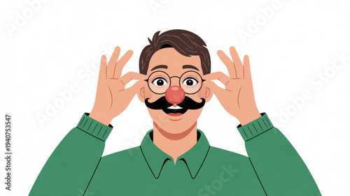 Cartoon man with glasses and mustache adjusting his eyes looking surprised green shirt white background