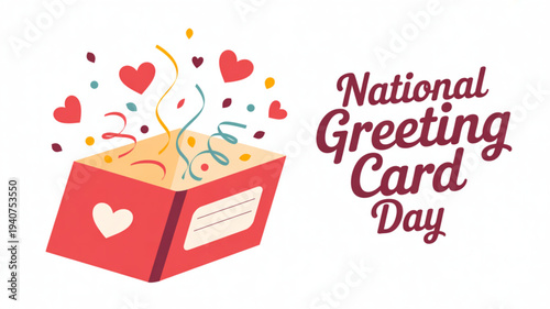Red greeting card with hearts and confetti on national greeting card day celebration