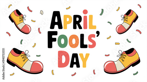 April fools' day celebration with colorful shoes and confetti on white background