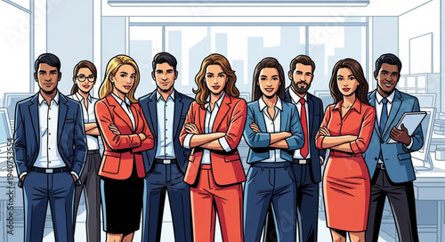 Diverse group of professionals standing together in an office environment.