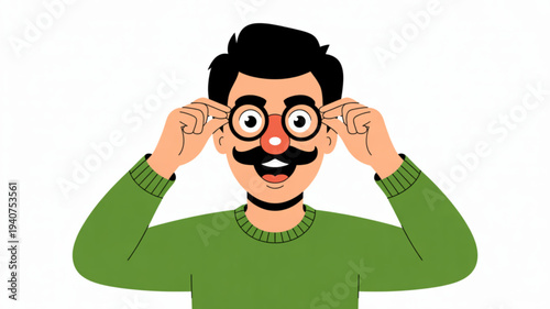 Man with green sweater adjusting oversized novelty glasses with comically large eyes red nose and thick mustache on white background