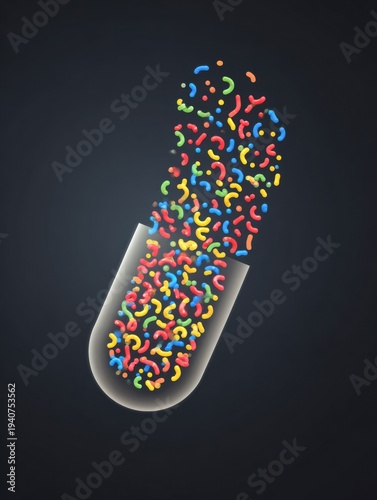 Capsule Dissolves Into Colorful Bacteria Icons on a Dark Background for Health Awareness