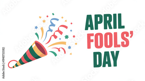 Colorful april fools' day celebration with party horn and confetti on white background