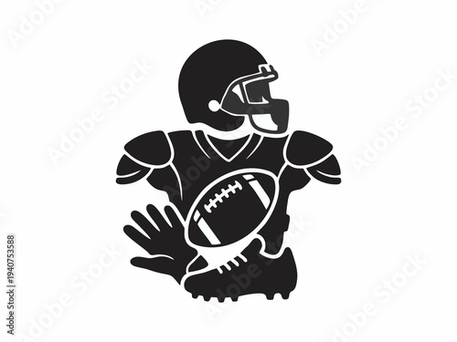 American Football Player Silhouette Icon with Equipment and Ball