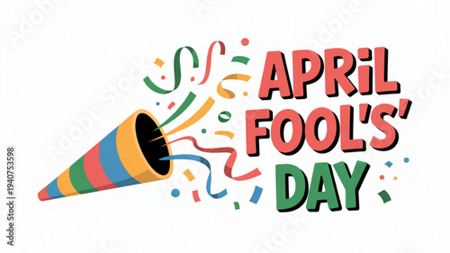 Vibrant april fool's day celebration with colorful party horn and confetti on white background