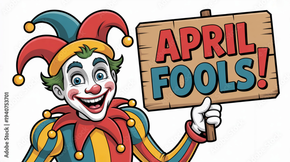 Obraz premium Colorful jester holding an april fools' sign with a playful expression on a white background