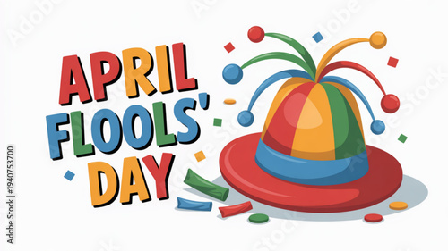 Colorful april fools' day hat with confetti and text on white background festive celebration