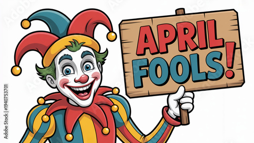 Colorful jester holding an april fools' sign with a playful expression on a white background