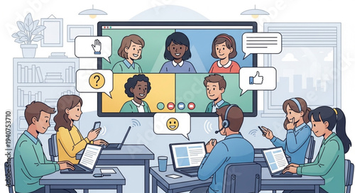 Diverse group of people participating in a video conference meeting online.