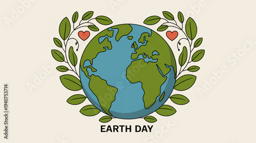 Earth day illustration featuring globe surrounded by leaves and hearts on white background symbolizing environmental care and conservation efforts worldwide