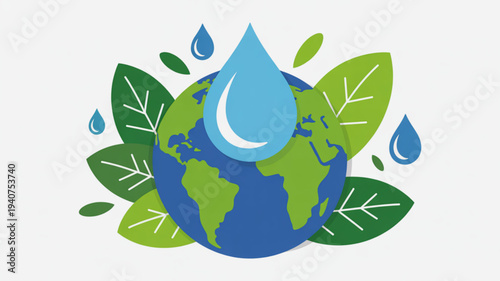 Blue and green globe surrounded by leaves and water droplets symbolizing conservation and sustainability efforts globally