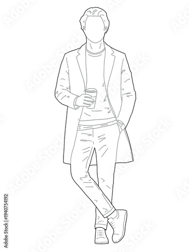 Man Standing Front View Holding Coffee PNG Transparent Background Architecture Facade Exterior Design Scale Figure