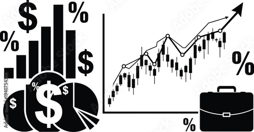 Monochrome graphic displays rising stock market trends with bar charts, candlestick graphs, currency symbols, and a briefcase.
