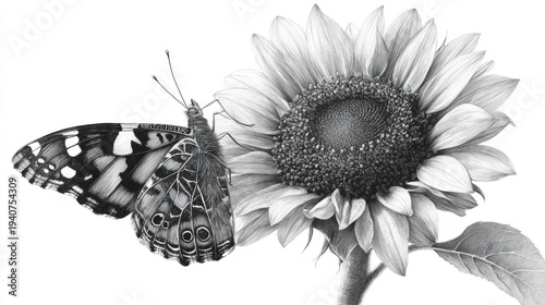Butterfly gently rests on a sunflower head, detailed monochrome illustration