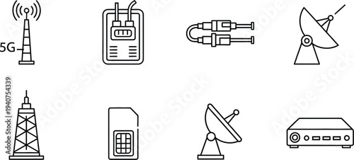 Telecommunication infrastructure icons display various network hardware including 5G towers, satellite dishes, and data.