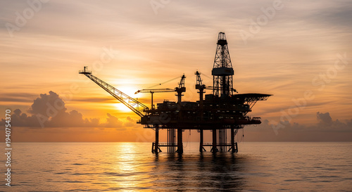 An industrial offshore drilling rig platform stands as a silhouette against a vibrant sunset sky, surrounded by cargo ships and cranes at a deep-sea energy port