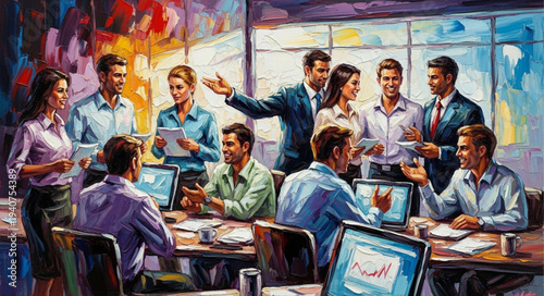 Diverse group of professionals collaborating in a modern office meeting.