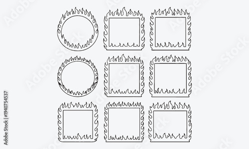 Fire borders. Cartoon flame frame. Hot flaming circle, blazing ignite edges square, fire trail, heat burning rectangle