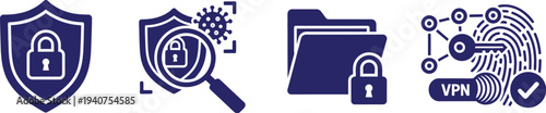 A set of dark blue icons illustrates digital security concepts including virus scanning, file protection, and biometric.
