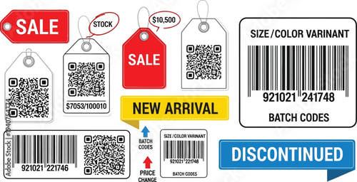 Various retail price tags, barcode labels, and promotional signs are displayed against a white background for inventory.