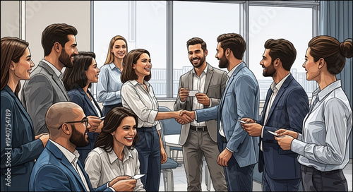 Diverse group of professionals collaborating in a modern office setting.