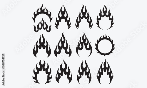 Fire borders. Cartoon flame frame. Hot flaming circle, blazing ignite edges square, fire trail, heat burning rectangle