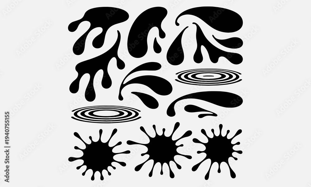 Obraz premium Ink blots. Black ink paint splatter, drops and splashes. Inking spray stains, dripping liquid