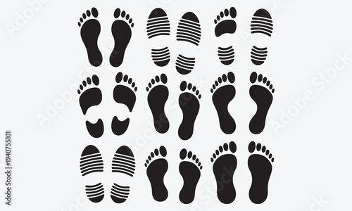 Human footprint. Black silhouette people barefoot, leg imprint, shoes and boot feet