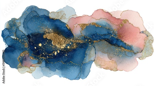 Abstract art depicting a blend of blue, pink, and gold hues, creating a celestial-like effect with swirling patterns and scattered gold speckles on a white background