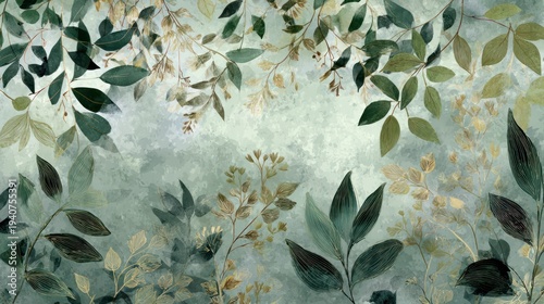 Painterly foliage in shades of green and gold on a blended light green background