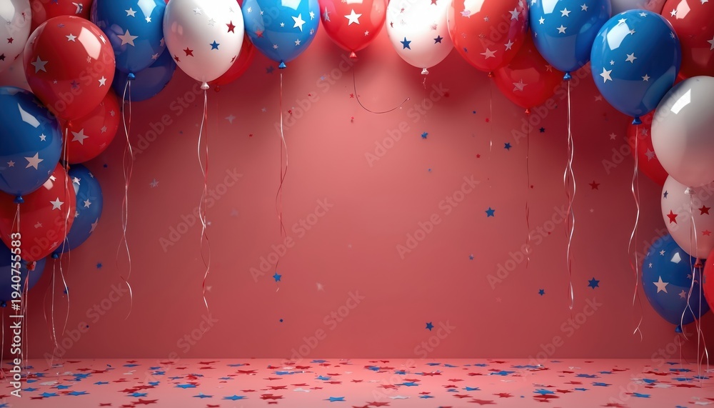 Obraz premium Red white and blue balloons float over a floor covered with star confetti. Festive atmosphere with streamers for a patriotic celebration like Independence Day or Memorial Day.