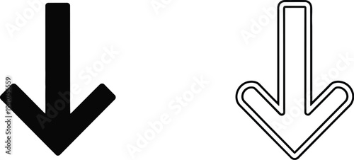 Black and white arrows pointing down isolated on transparent background, Vector