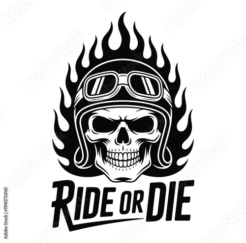 Biker skull wearing goggles burns with intense.