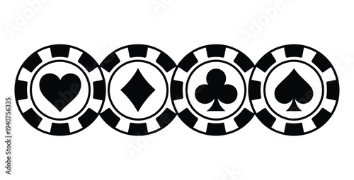 Four casino chips display playing card suits.