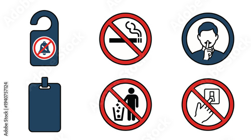 Collection of prohibition signs and hotel door card illustrations in a flat vector style