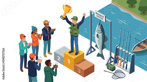 Triumphant angler celebrating victory on podium by the river with friends and fishing gear nearby