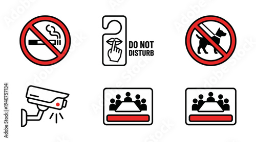 Office rule icons displayed on a white background indicating various prohibitions and security measures