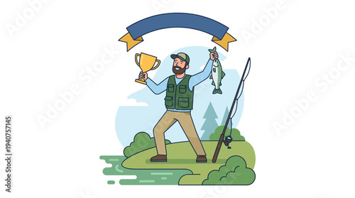 Man Celebrating Fishing Success with Trophy and Gear in a Serene Outdoor Setting