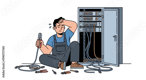 Technician Sitting Beside Open Server Cabinet with Tools and Cables, Looking Concerned While Holding Electrical Plug