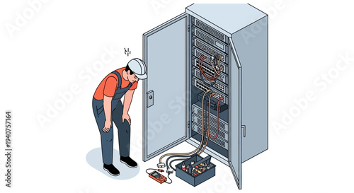 Technician inspecting electrical cabinet with exposed wiring and equipment
