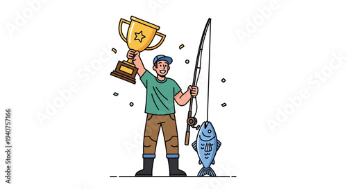Man Celebrating Fishing Victory with Trophy and Catch
