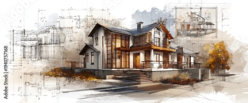Architectural Sketch of a Modern House with Warm Tones and Blueprint Overlays.