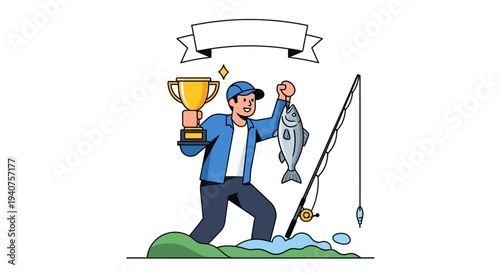 Triumphant Fisherman Holding Trophy and Fresh Catch by the Water's Edge