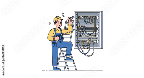 Electrician repairing electrical panel on ladder in industrial setting