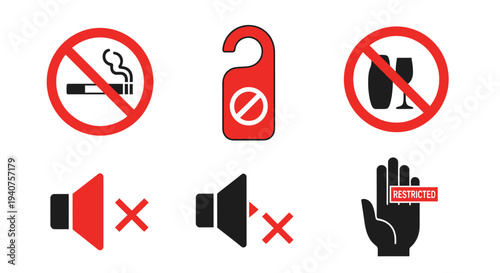 Prohibited Actions and Silence Icons Set in a Public Area from a Straight-On Viewpoint