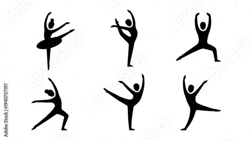 Six black silhouette yoga poses in various dynamic stretches on white background for fitness and wellness concepts
