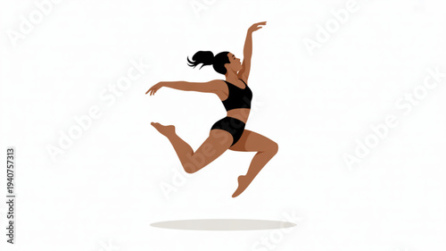 Fit woman in black sportswear jumping high with arms raised in dynamic athletic pose on white background